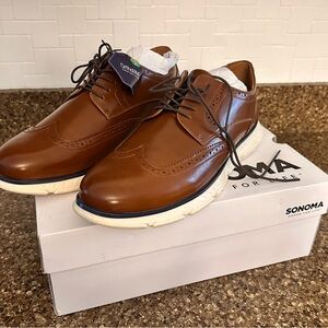 New Sonoma Brown Leather Wingtip Lace-Up Dress Shoes with White Sole
